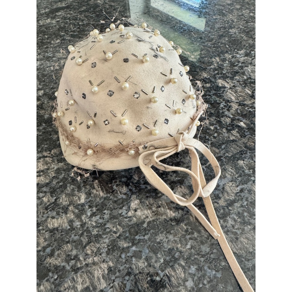 Vintage Jane Morgan New York Cream Felt Pillbox Hat Faux Pearl Rhinestone Beaded